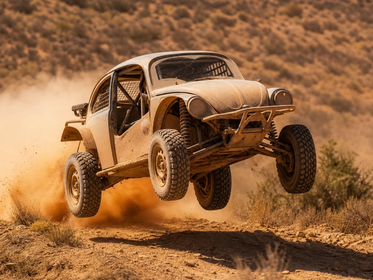 Ombyggd Volkswagen-bubbla av Baja Bug-typ i ökenmiljö