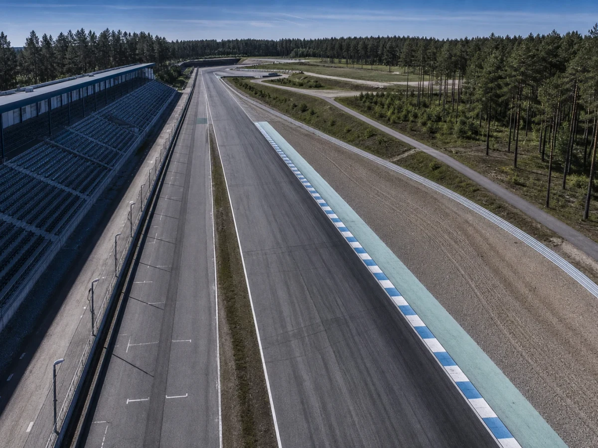 Racingbana sedd uppifrån med kurvor och depåområde, symbol för svenska banor