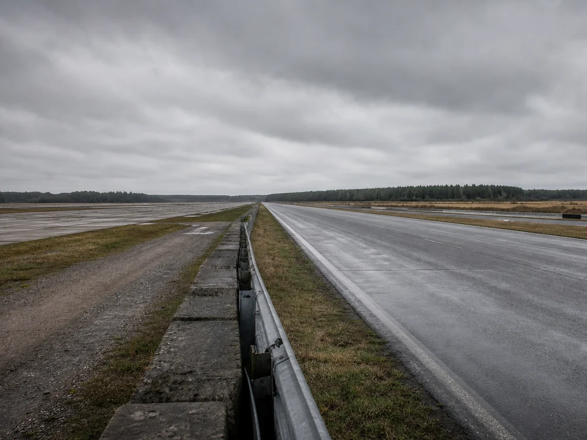 Racerbilar på en lång raksträcka på en svensk motorbana.