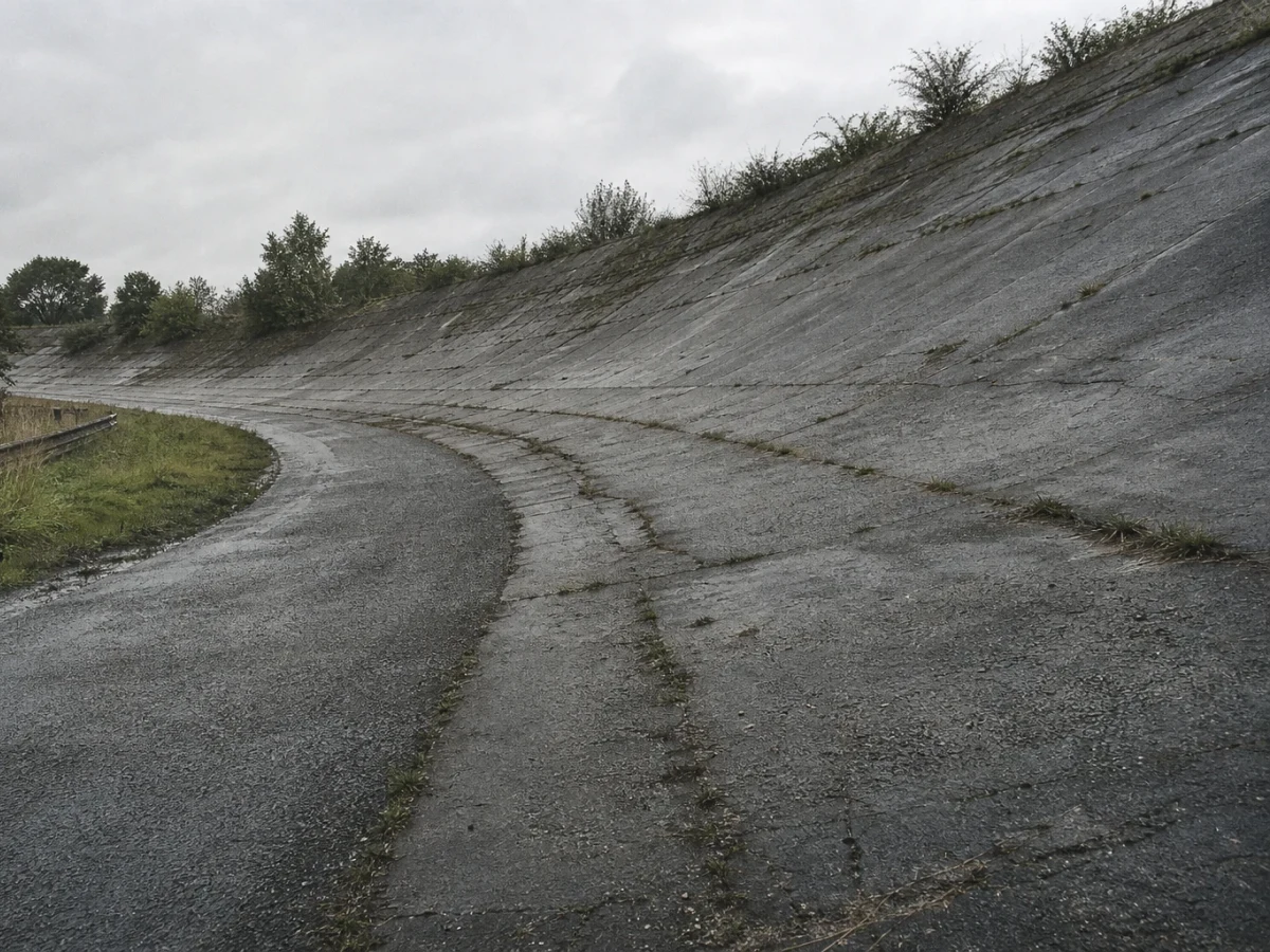 Den historiska betongbankningen på Brooklands racerbana i England