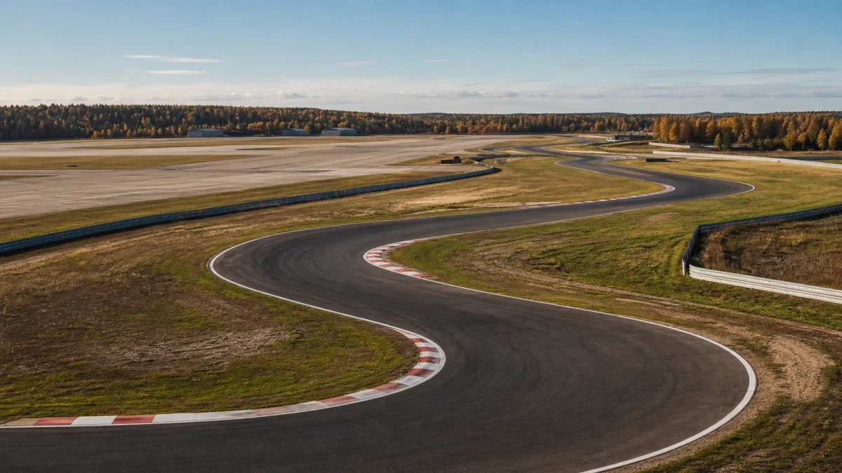 Racerbil på en lång bana i ett öppet norrländskt landskap.
