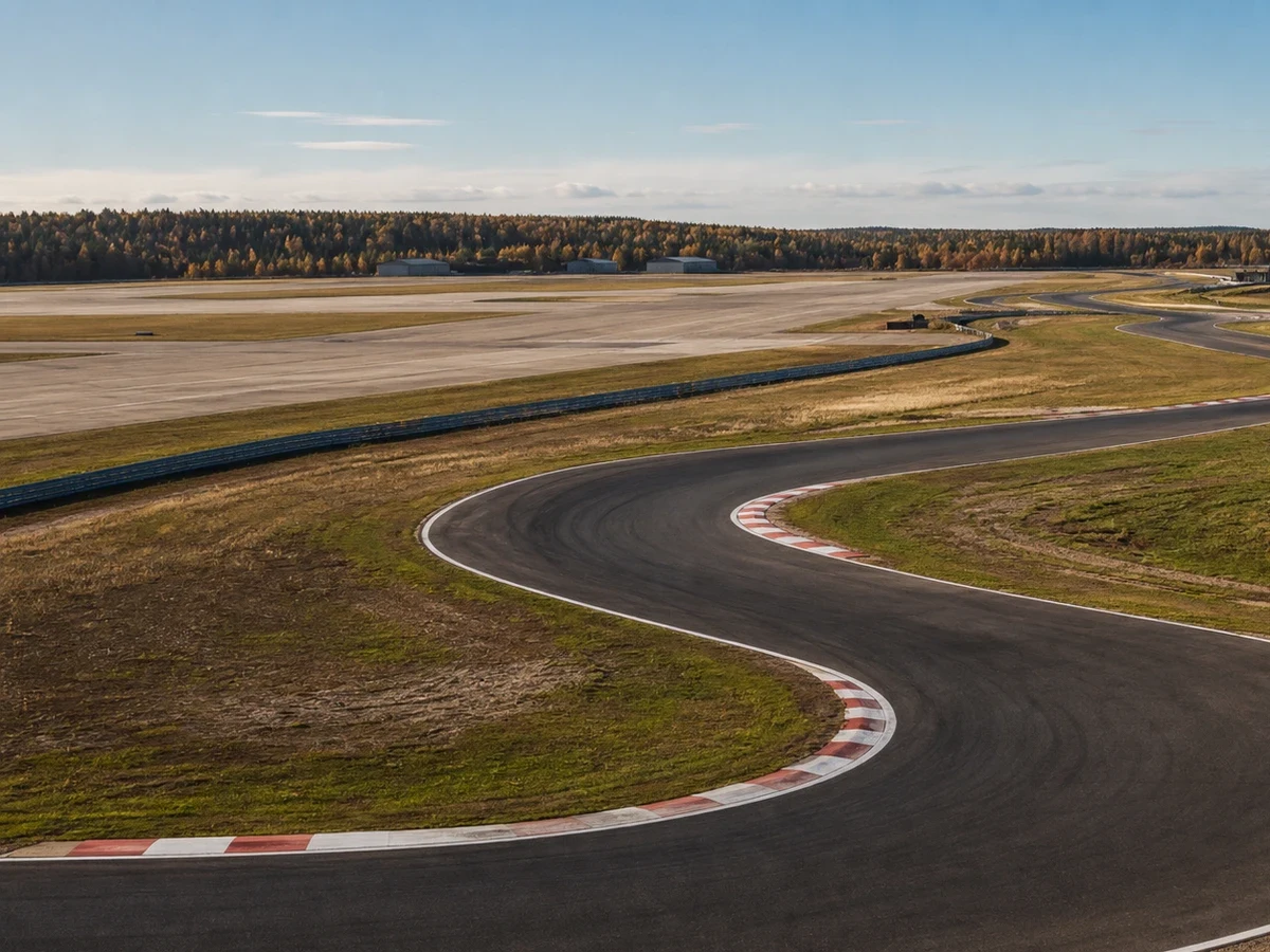 Racerbil på en lång bana i ett öppet norrländskt landskap.