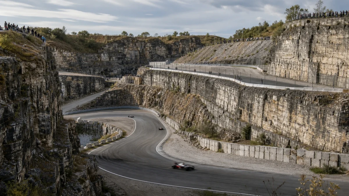 Racerbana omgiven av höga bergväggar i ett gammalt stenbrott.