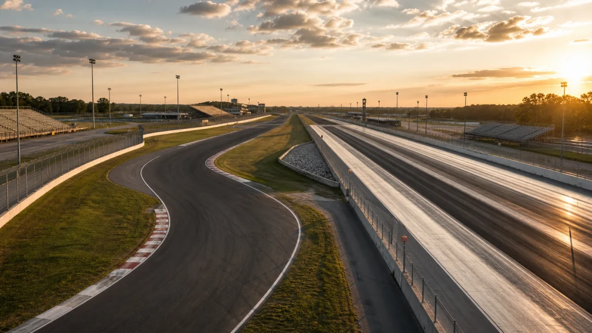 Bilar på en asfalterad rundbana intill en rak accelerationsbana.