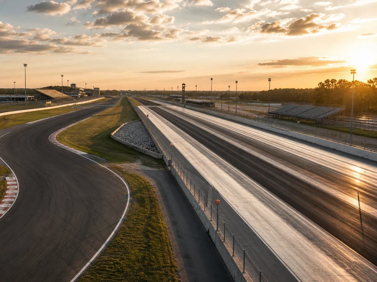 Bilar på en asfalterad rundbana intill en rak accelerationsbana.