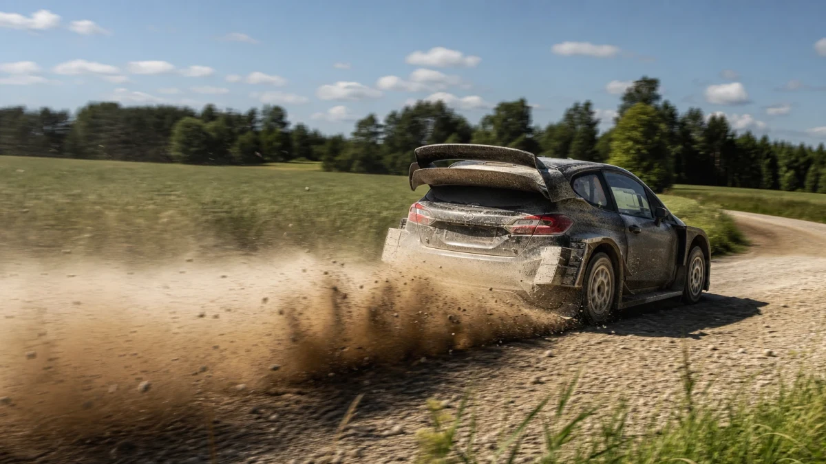 Rallybil kastar upp grus på en snabb specialsträcka i södra Estland