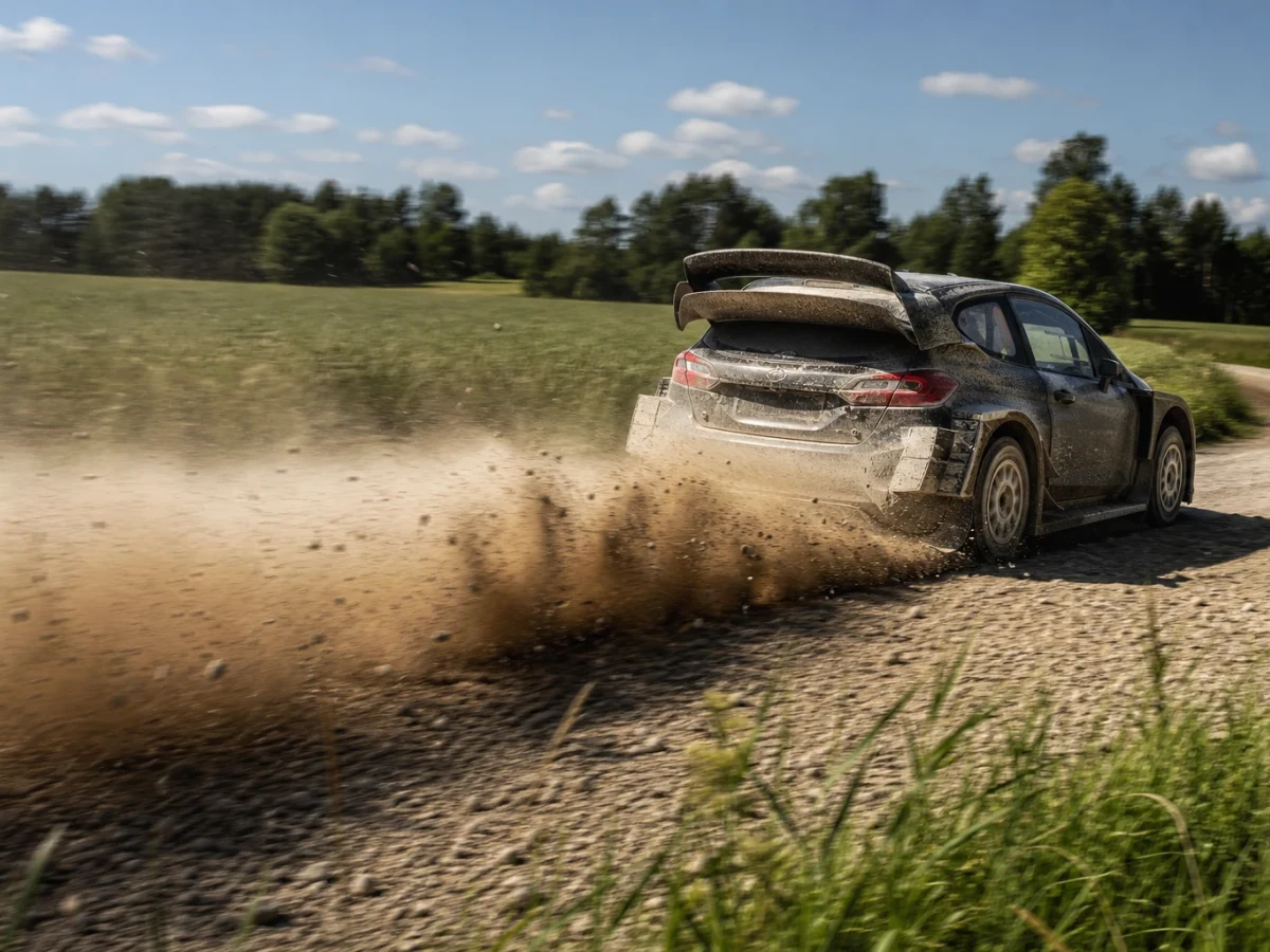 Rallybil kastar upp grus på en snabb specialsträcka i södra Estland