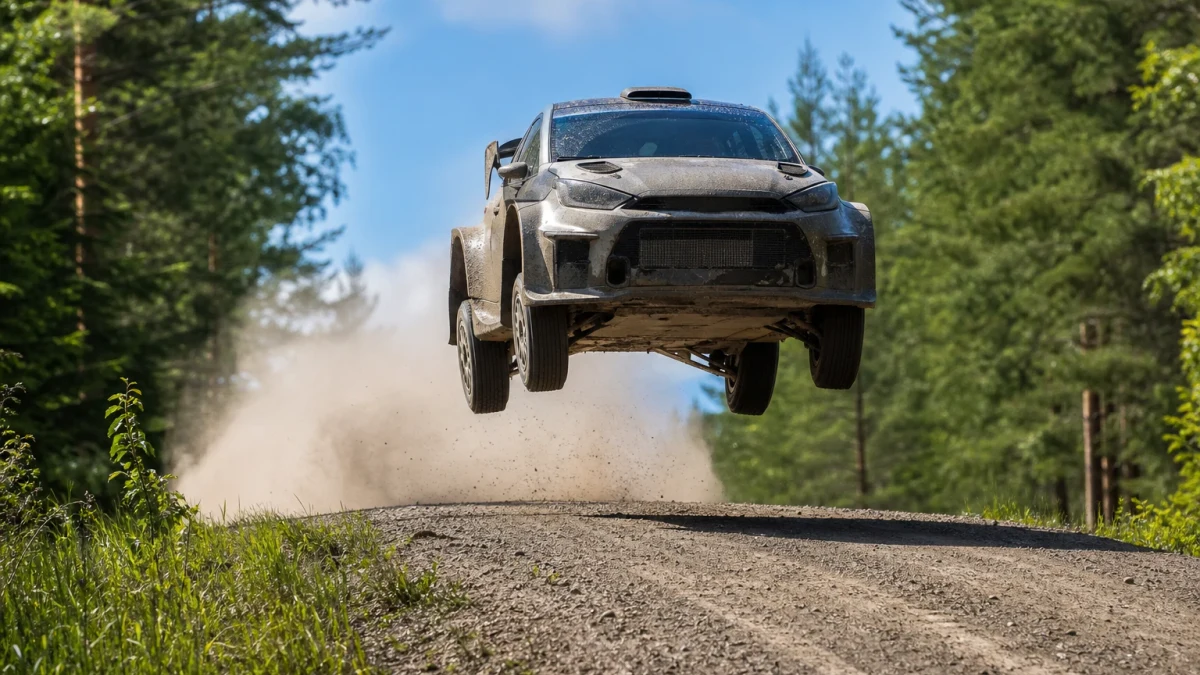 Rallybil i luften över ett krön på en snabb grusväg i centrala Finland