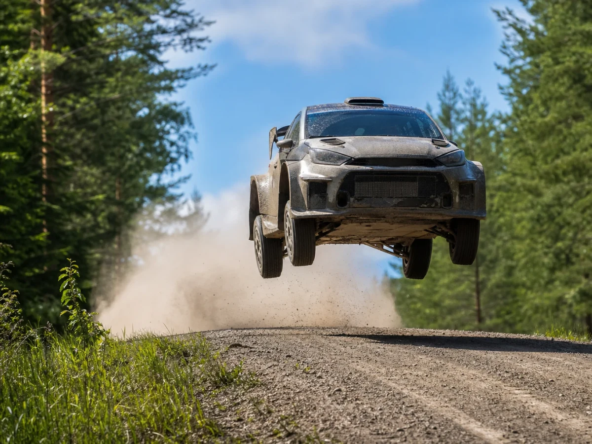 Rallybil i luften över ett krön på en snabb grusväg i centrala Finland