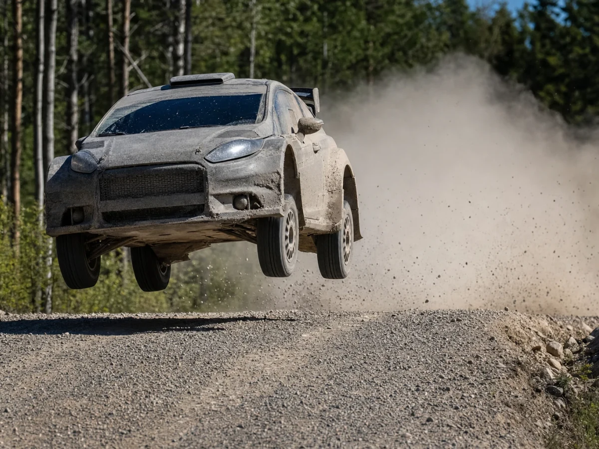 Rallybil som kastar upp grus på en specialsträcka i skogen