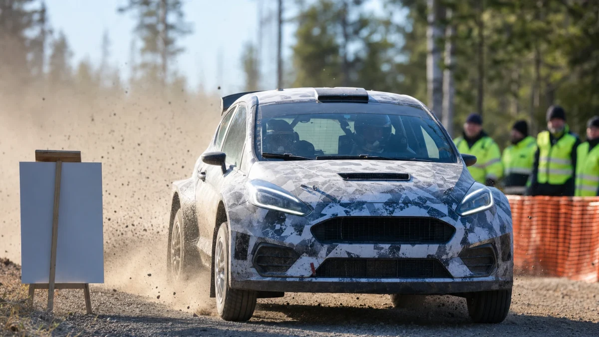 Rallybil på grusväg under en deltävling i Rally-SM