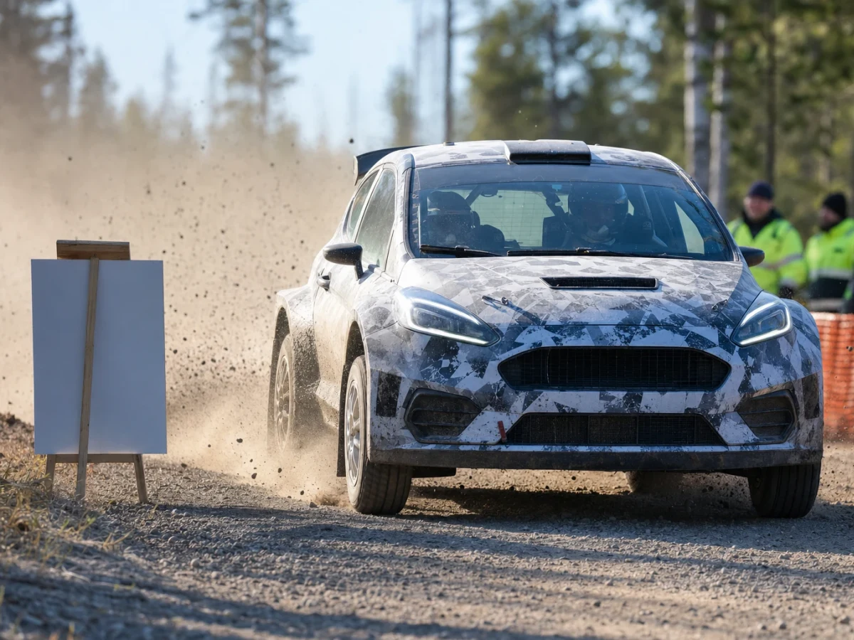 Rallybil på grusväg under en deltävling i Rally-SM