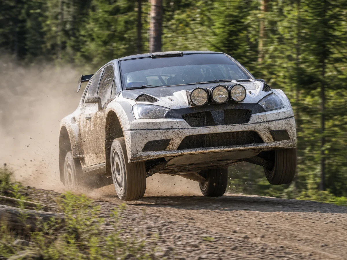 Fyrhjulsdriven rallybil som sladdar fram på en grusväg