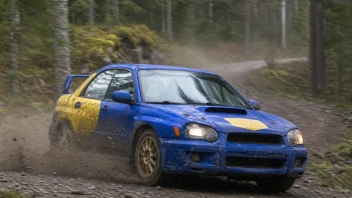 Blågul rallybil av Impreza-modell på en grusig skogssträcka