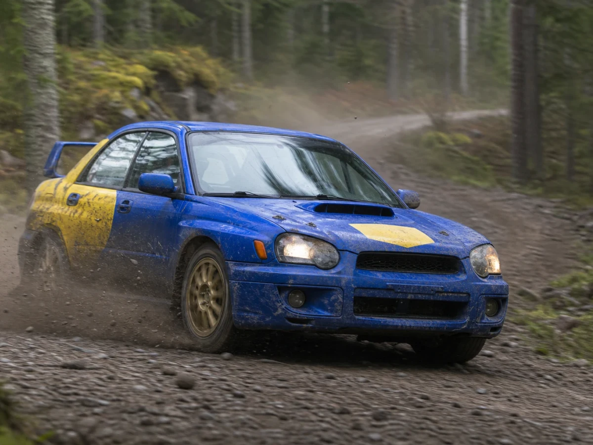 Blågul rallybil av Impreza-modell på en grusig skogssträcka